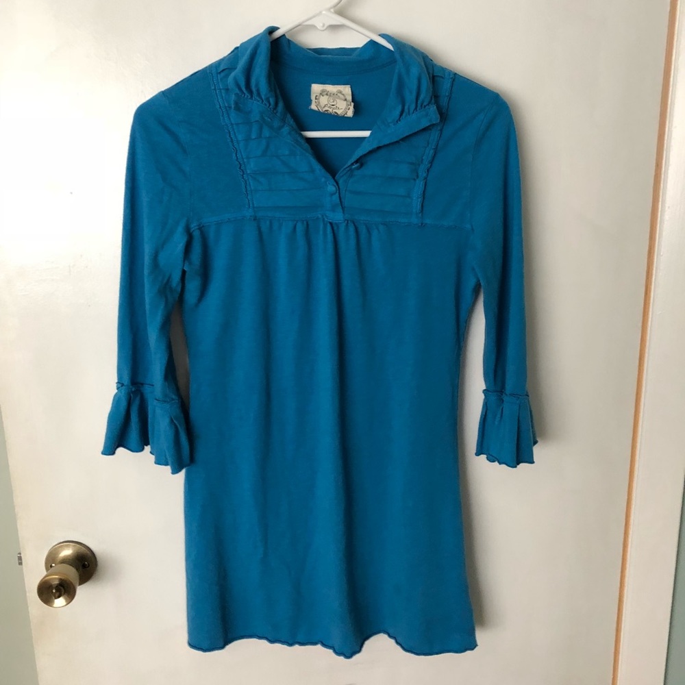 Free People Blue Cotton Mini Dress Boho 1/2 Sleeve